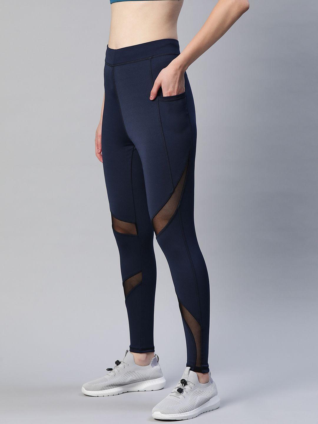 blinkin women navy blue rapid dry tights with breathable mesh panels & side pockets
