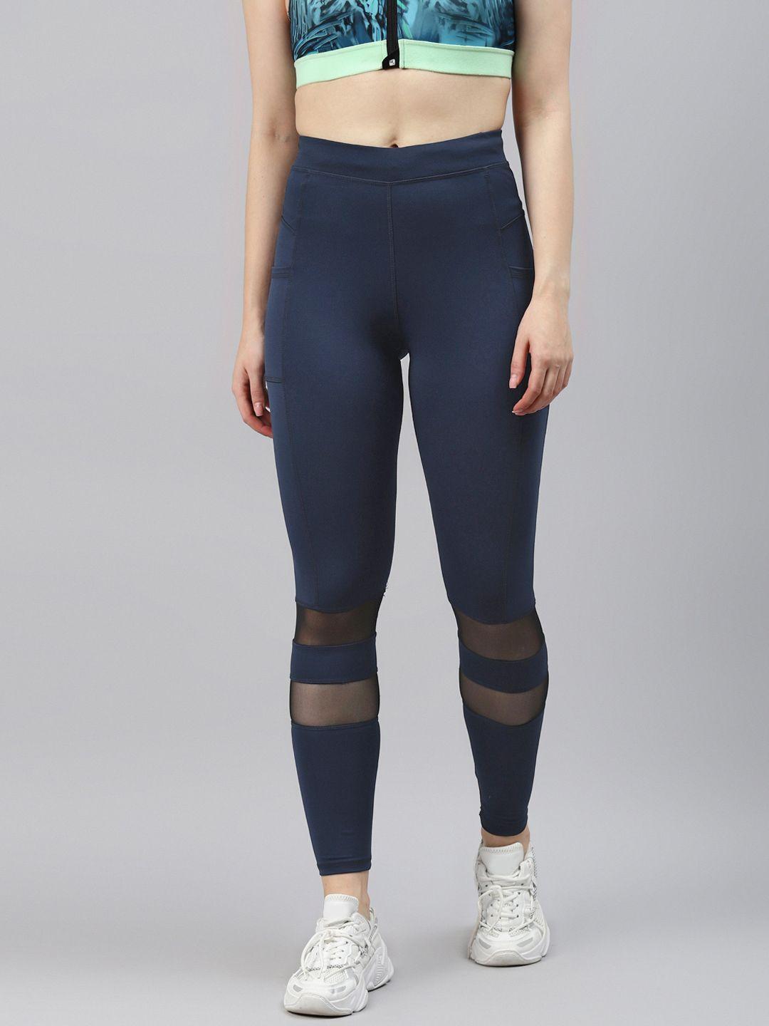 blinkin women navy blue solid mesh paneled gym tights
