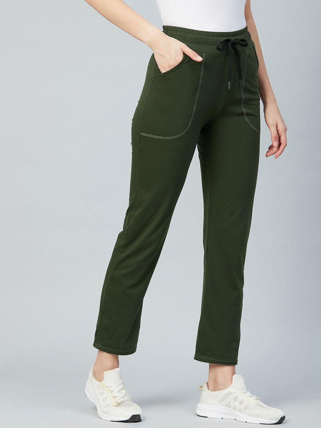 blinkin women olive-green solid relaxed-fit track pants