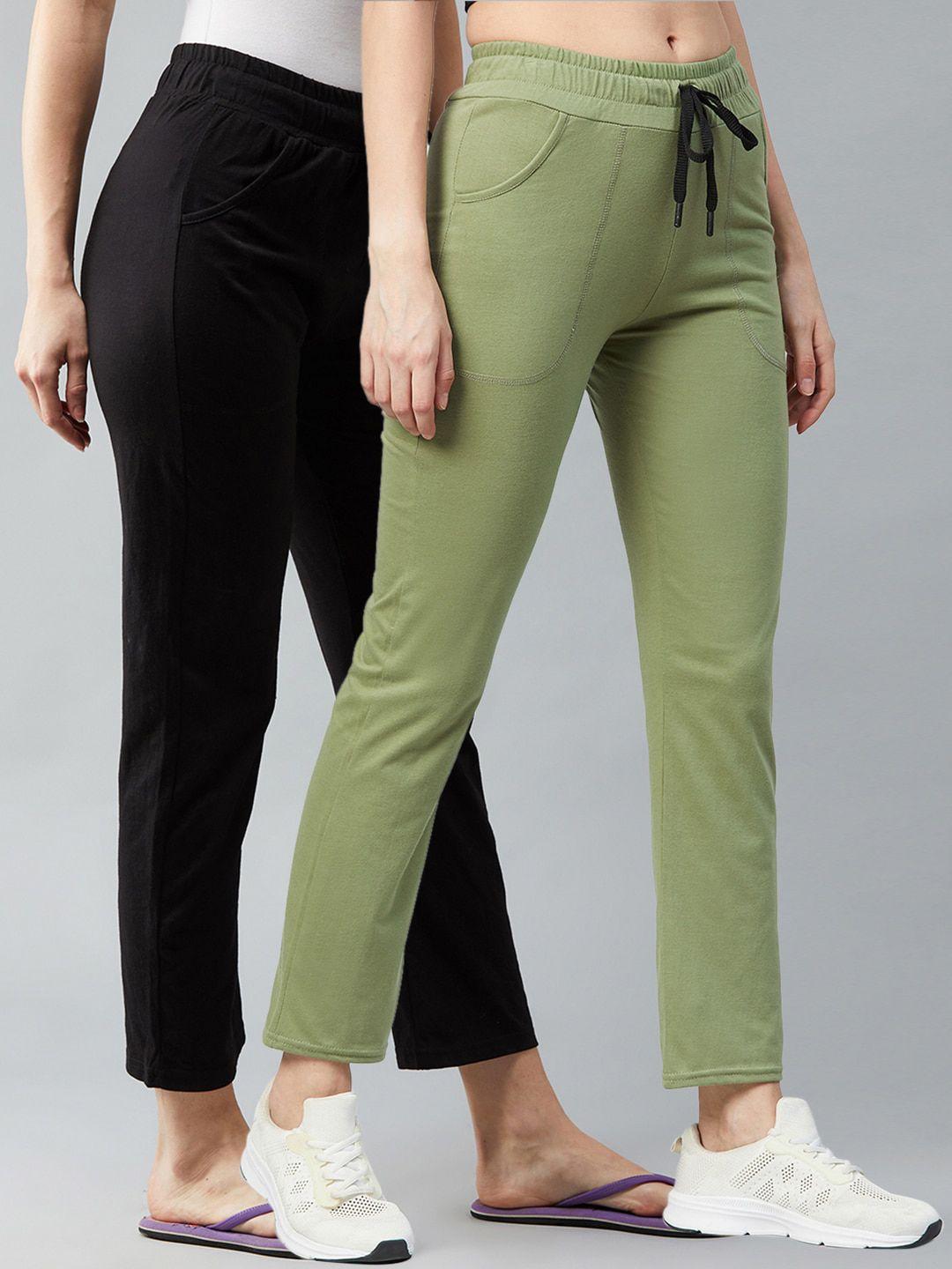 blinkin women pack of 2 black & green solid relaxed-fit cotton track pants