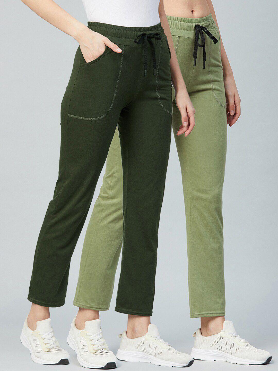 blinkin women pack of 2 green & olive green solid relaxed-fit track pants