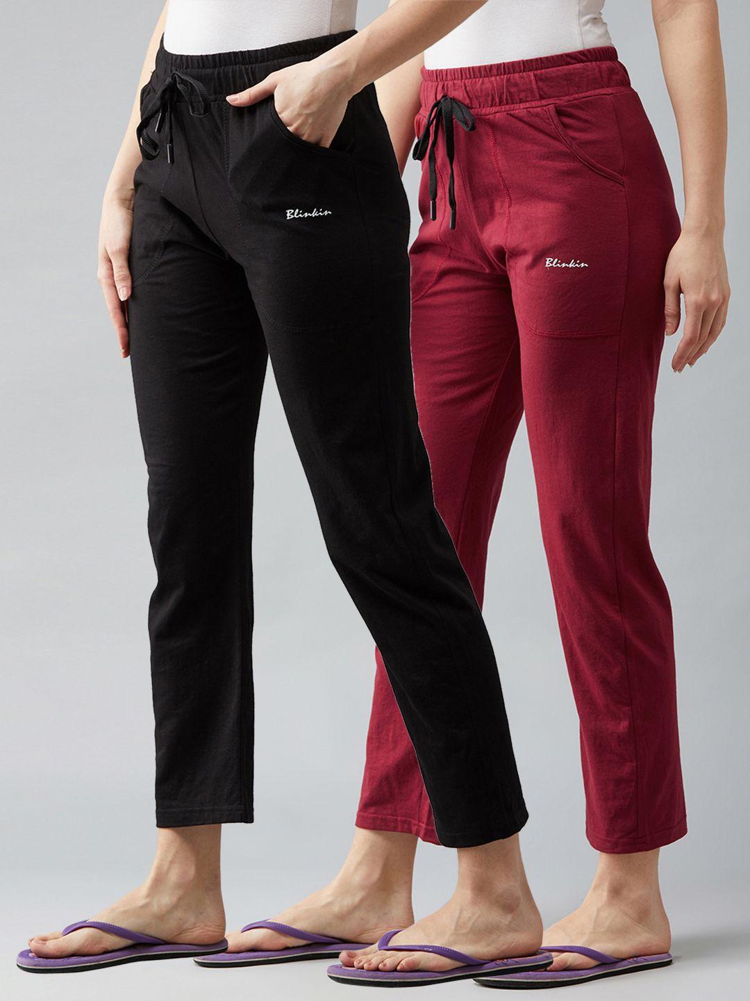 blinkin women pack of 2 maroon & black  solid relaxed-fit cotton track pants