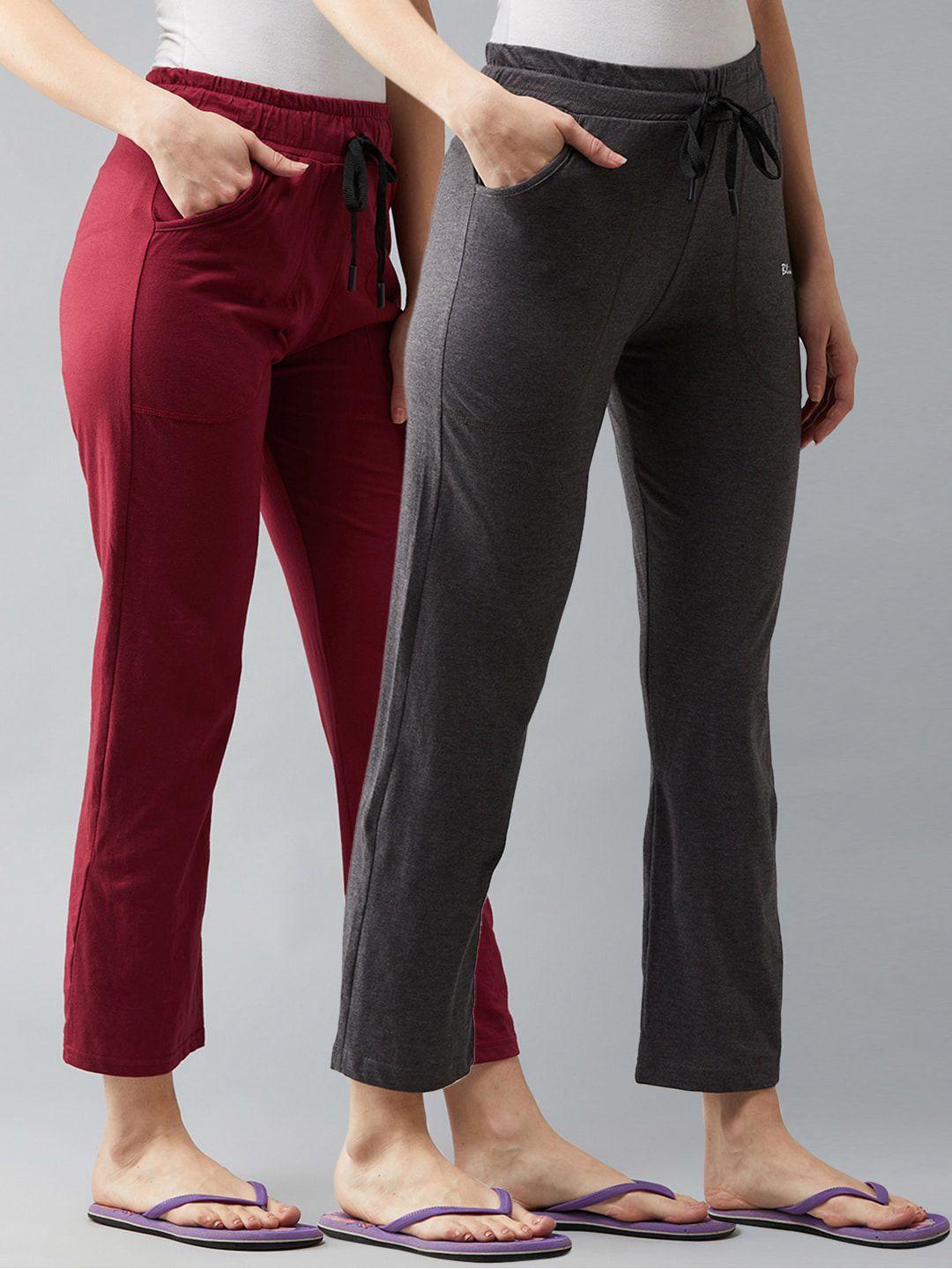 blinkin women pack of 2 maroon & grey solid cotton relaxed-fit track pants