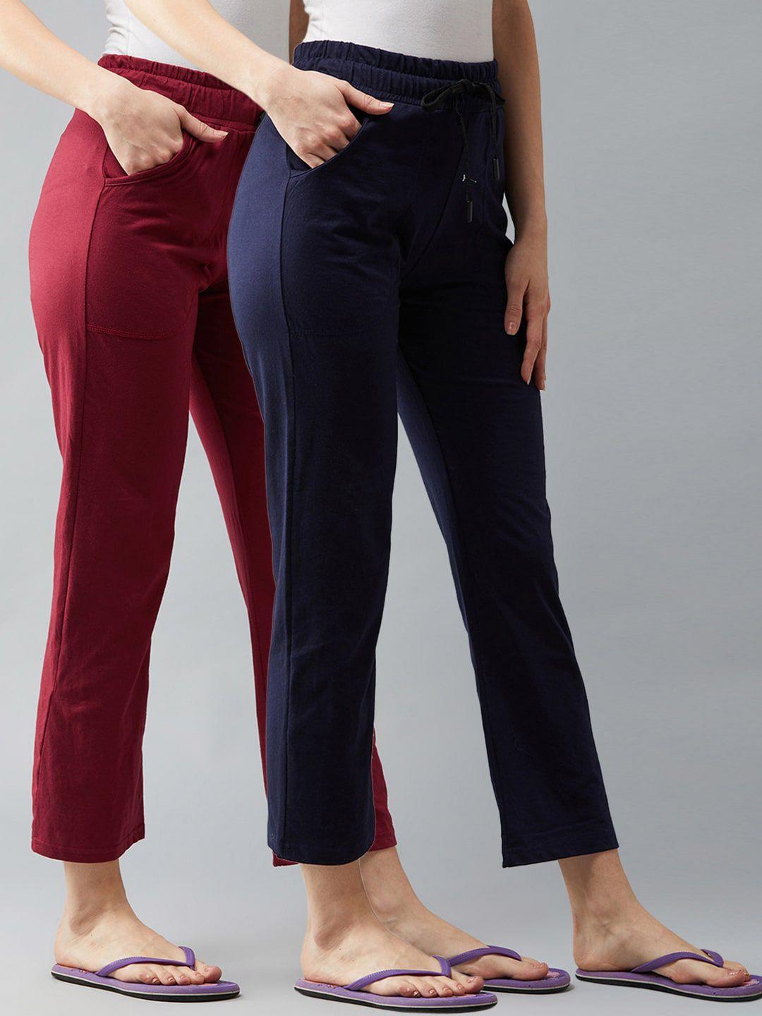 blinkin women pack of 2 maroon & navy blue solid cotton relax-fit track pants