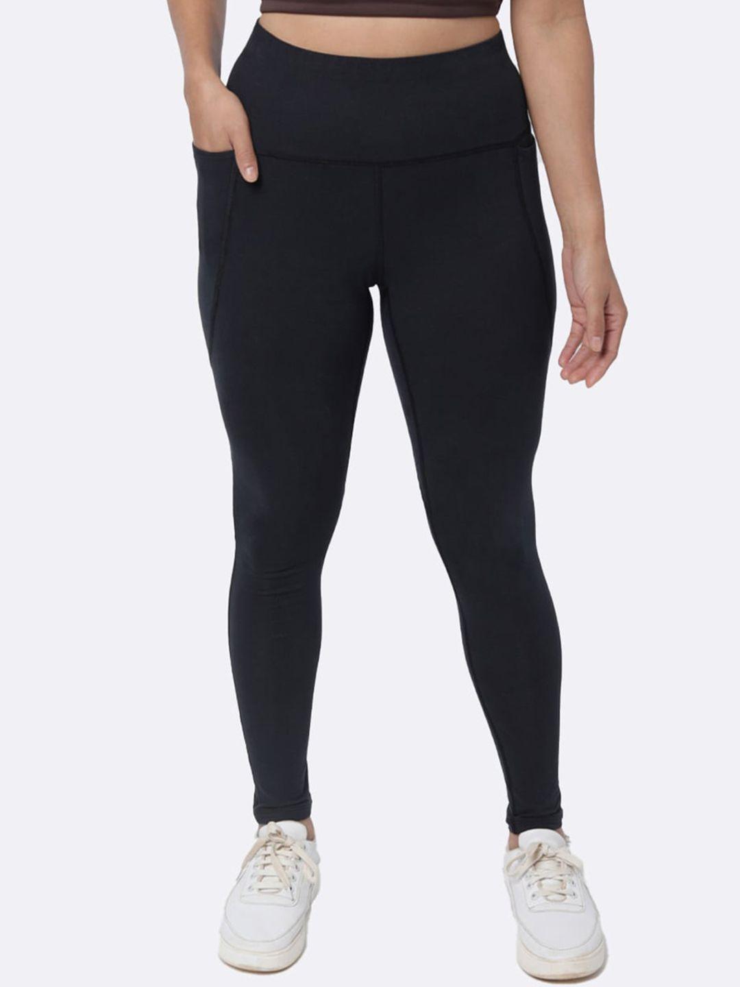 blissclub women black groove in cotton leggings with inner drawstring