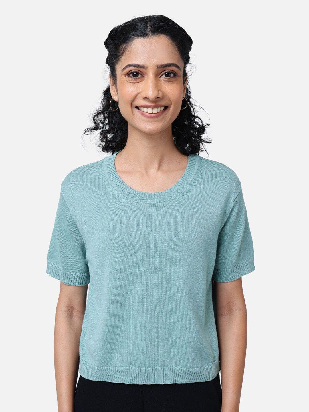 blissclub women blue drop-shoulder sleeves t-shirt