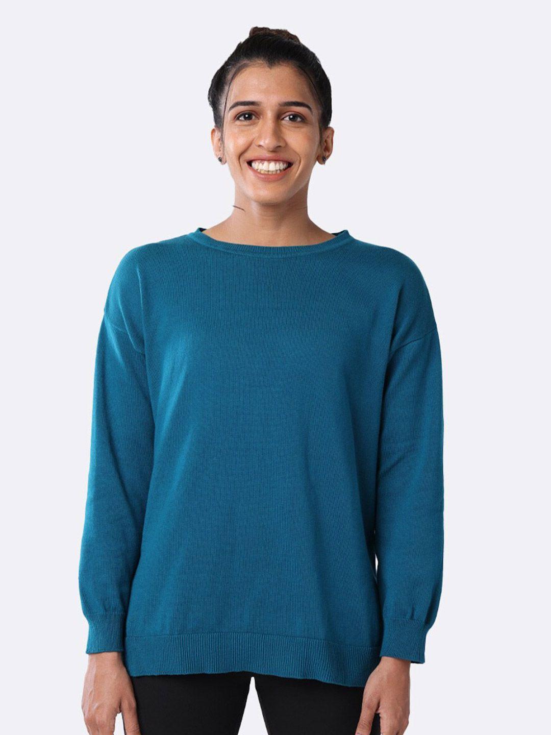 blissclub women teal at ease cotton knit full sleeve t-shirt