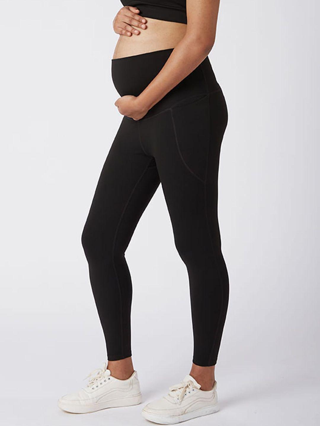 blissclub women black maternity leggings with curved belly panel and 2 pockets