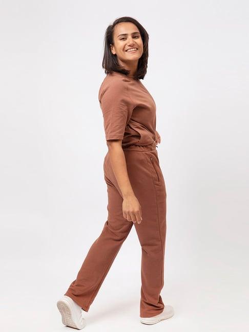 blissclub women brown everyday cozy straight joggers with 2 zippered side pockets