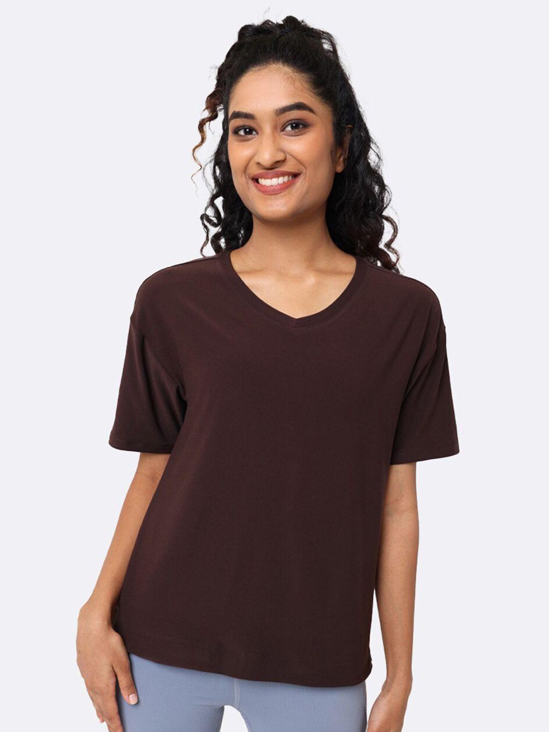 blissclub women brown v-neck moisture wicking t-shirt