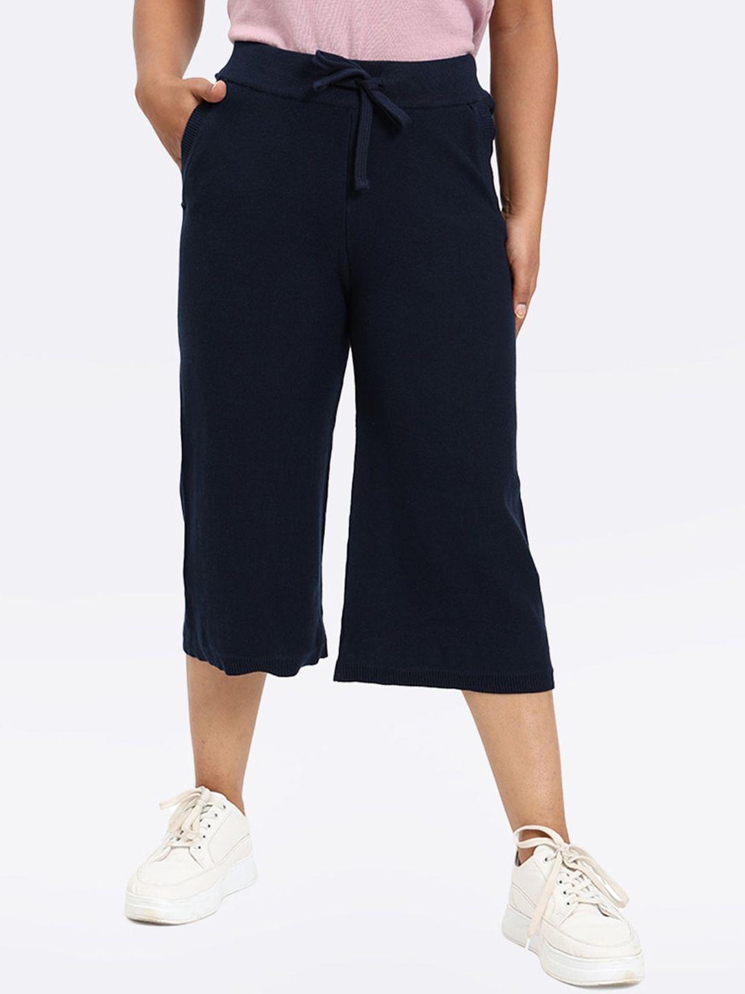 blissclub women navy blue relaxed straight leg straight fit culottes trousers