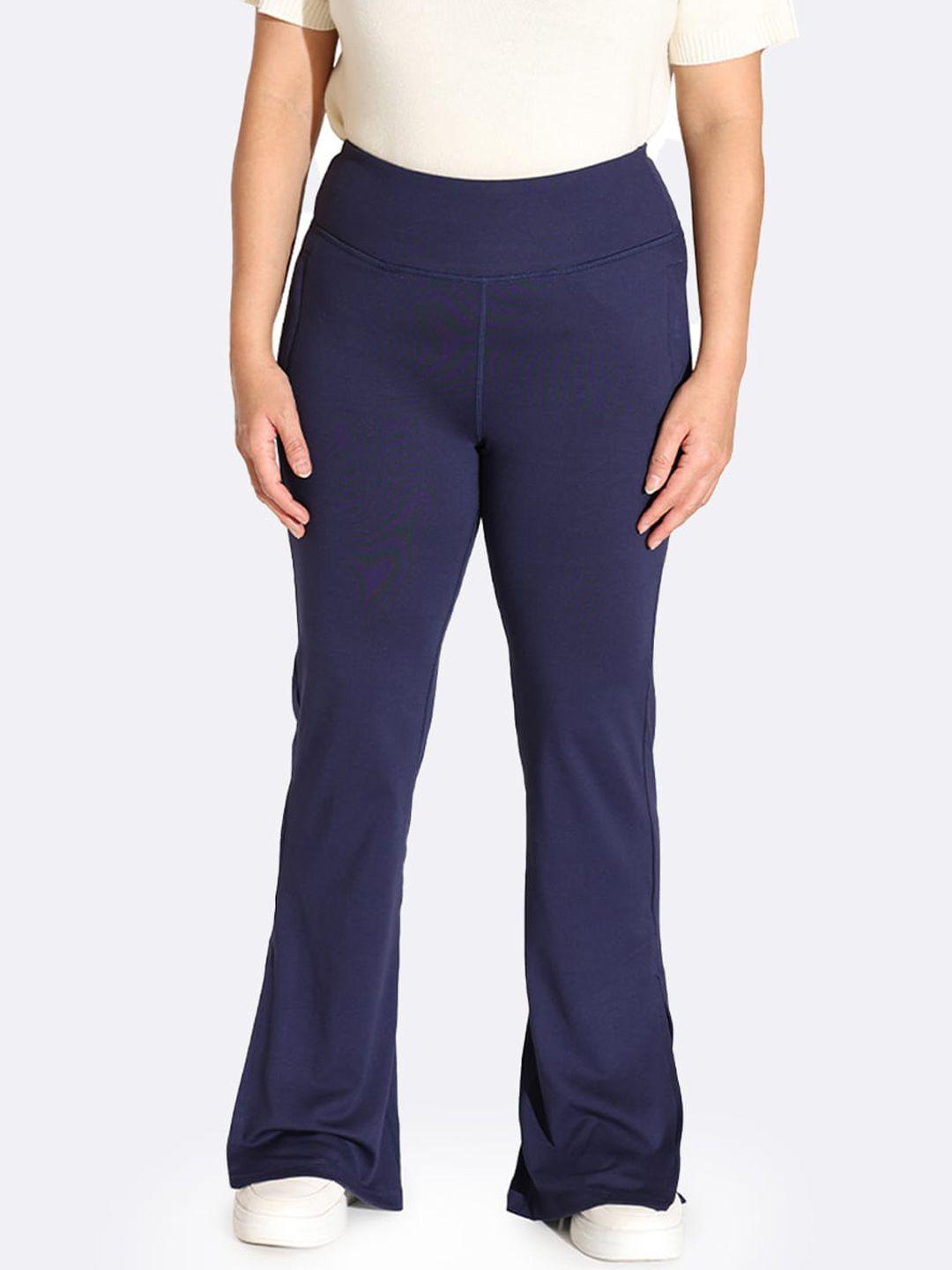 blissclub women navy blue smart flared high-rise wrinkle free trousers