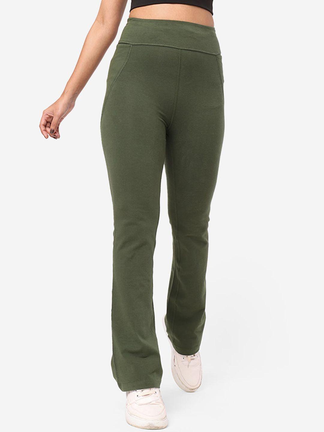 blissclub women olive green comfort flared high-rise trousers