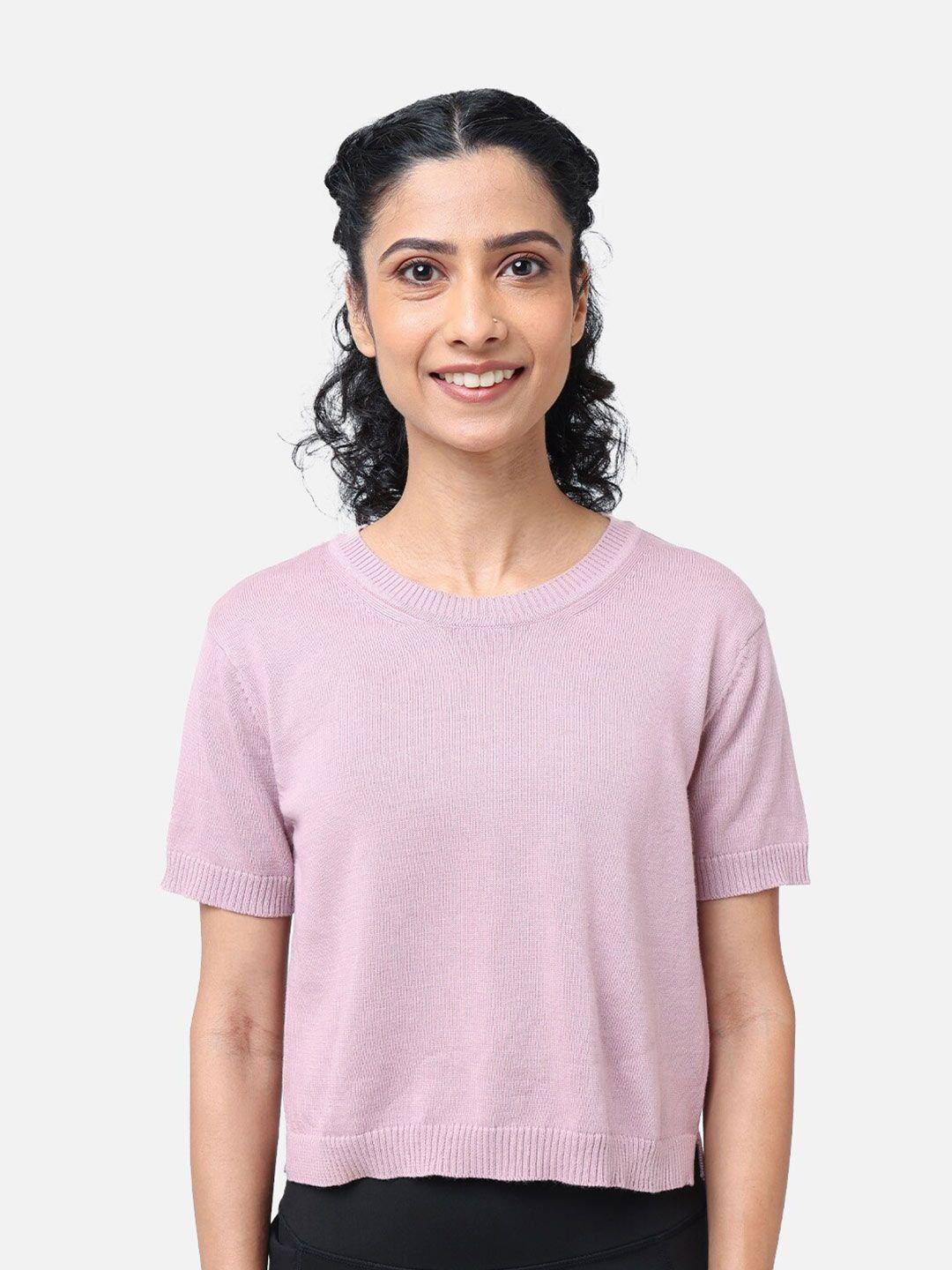 blissclub women pink cotton relaxed fit crop top with short sleeves
