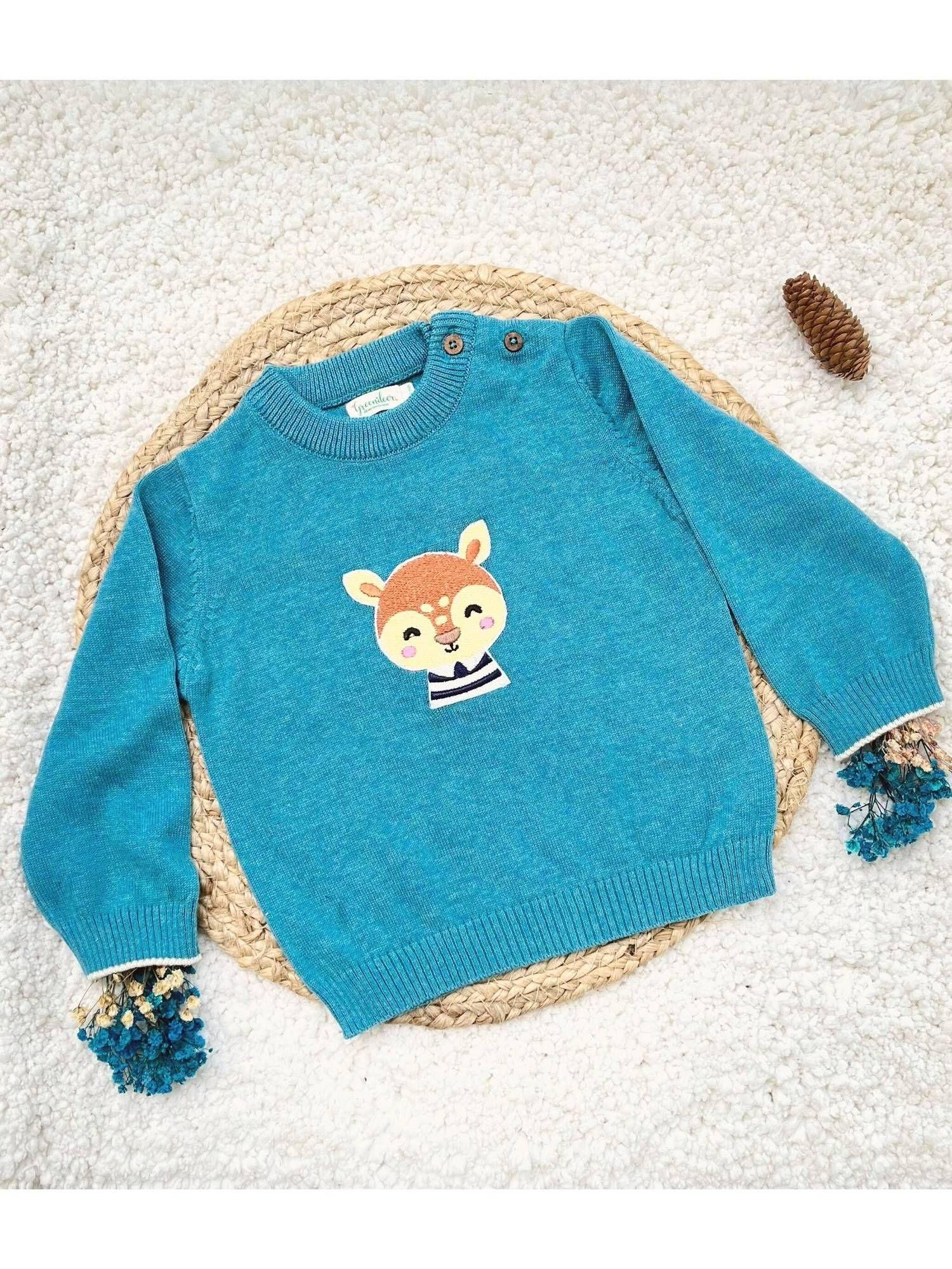 blissful reindeer teal sweater