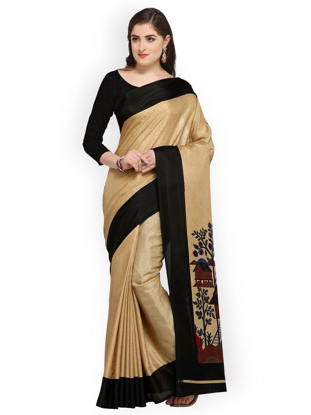 blissta beige & black art silk printed saree