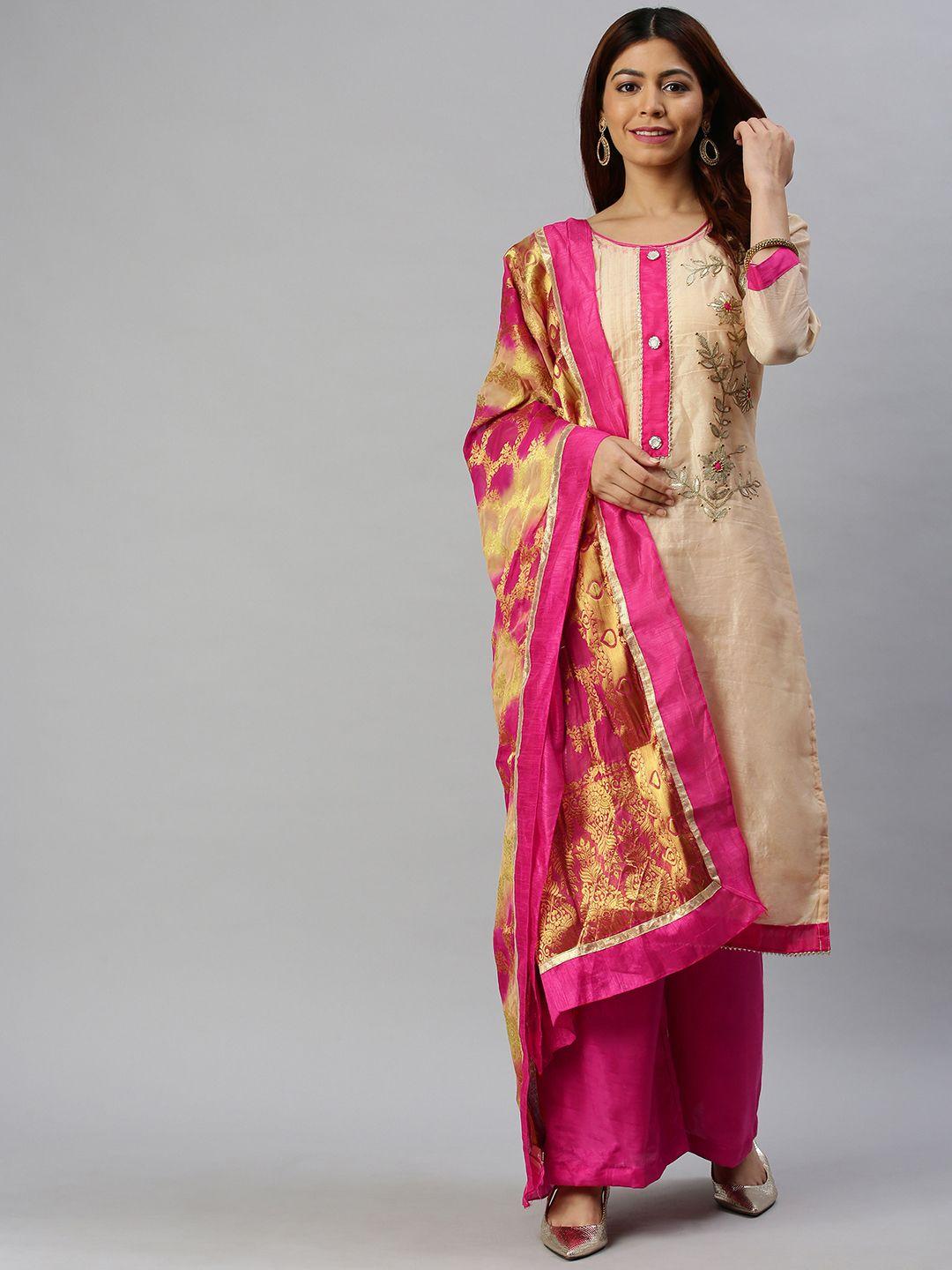 blissta beige & pink cotton blend unstitched dress material