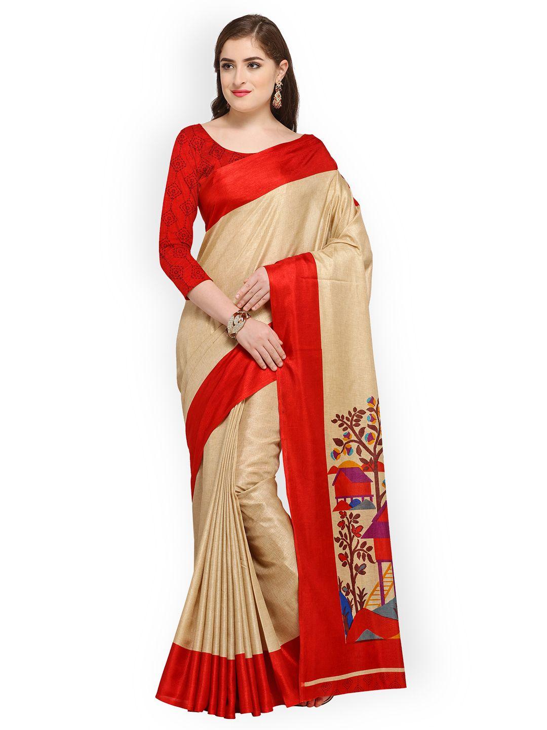 blissta beige & red art silk manipuri printed saree