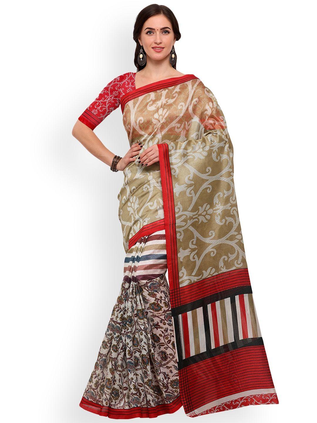 blissta beige & red art silk printed bhagalpuri saree