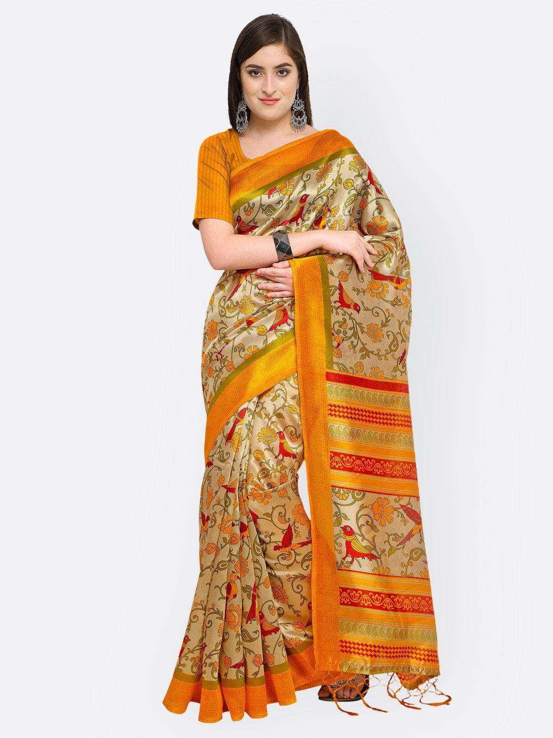 blissta beige & yellow art silk printed mysore silk saree