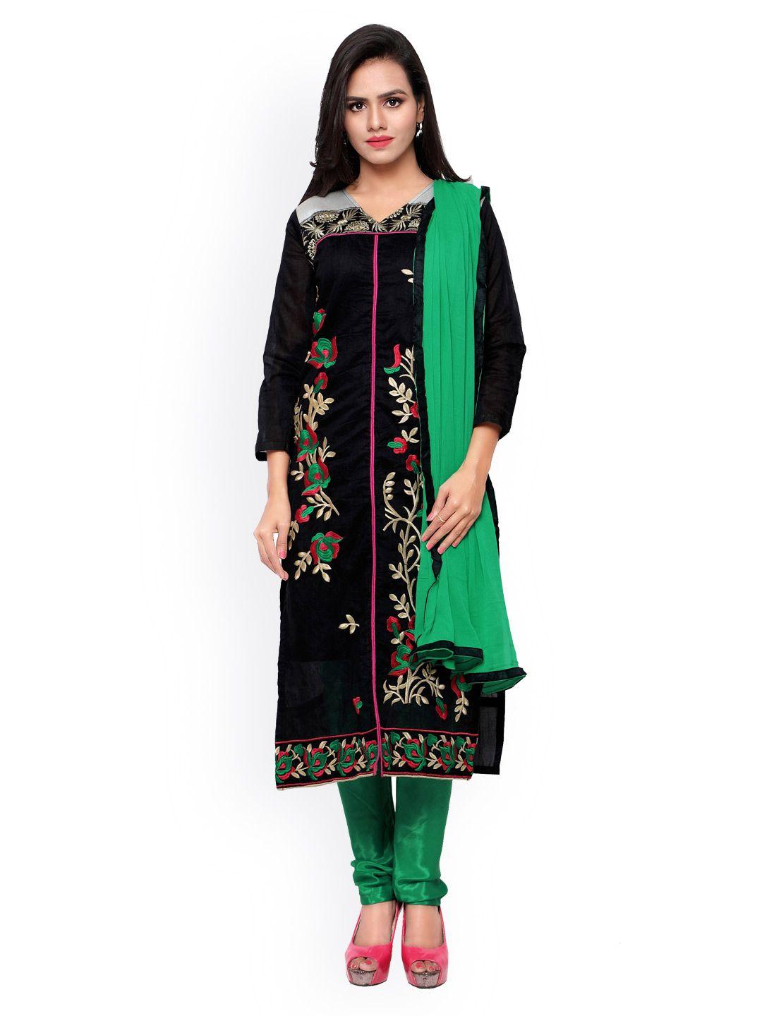 blissta black & green embroidered chanderi cotton unstitched dress material