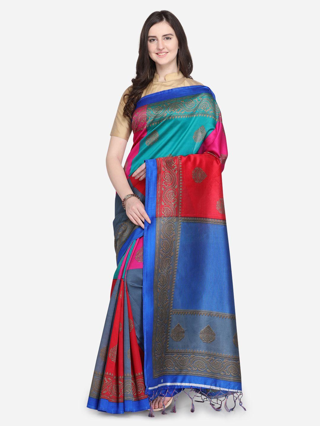 blissta blue & red art silk printed mysore silk saree