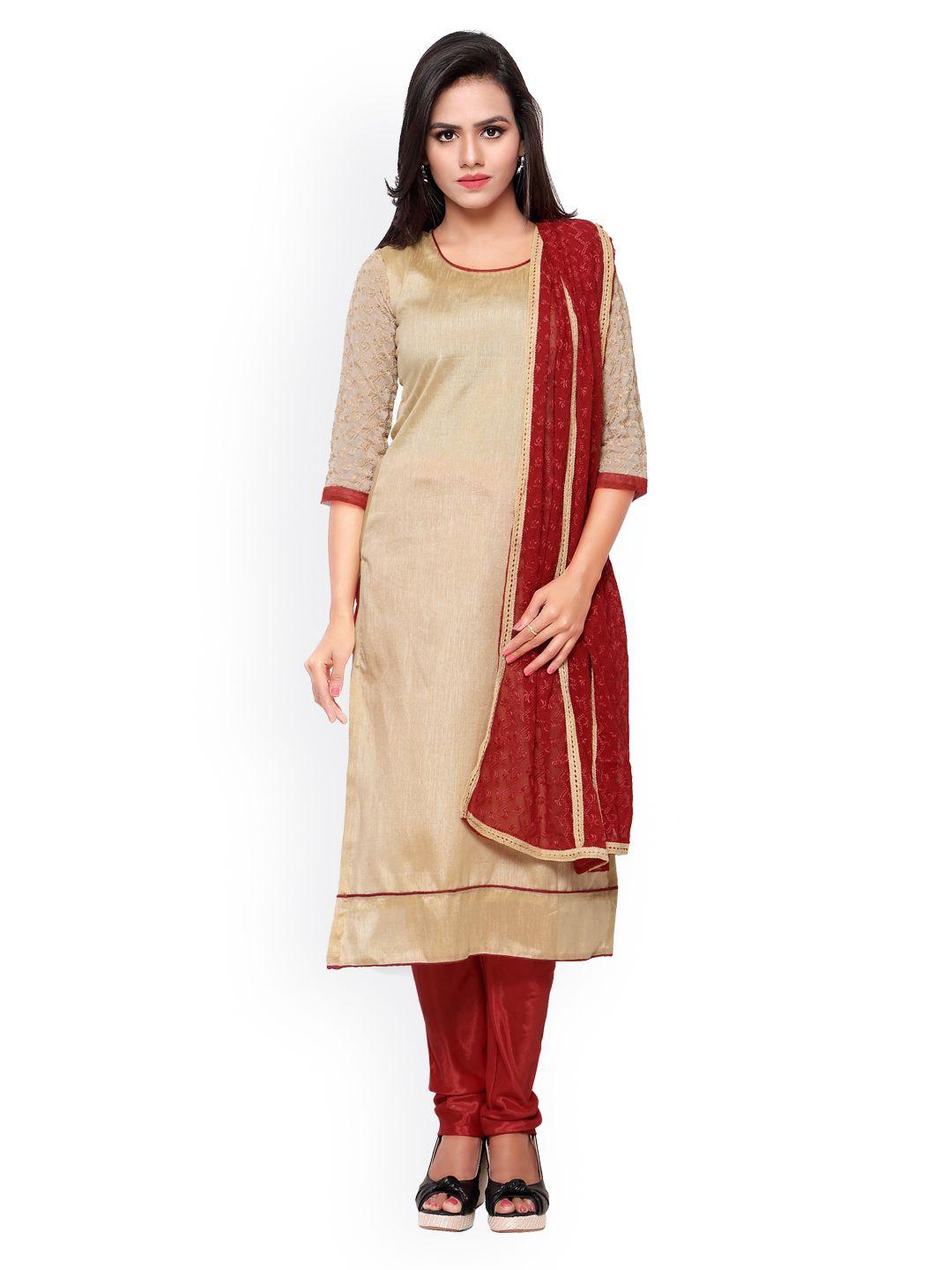 blissta gold-toned & maroon embroidered bhagalpuri silk unstitched dress material