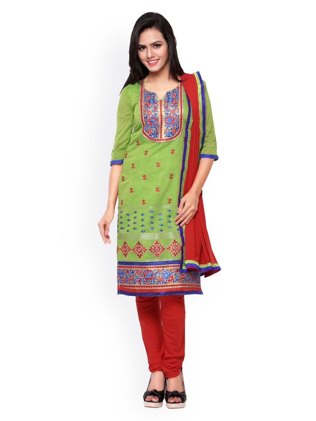 blissta green & red embroidered chanderi cotton unstitched dress material