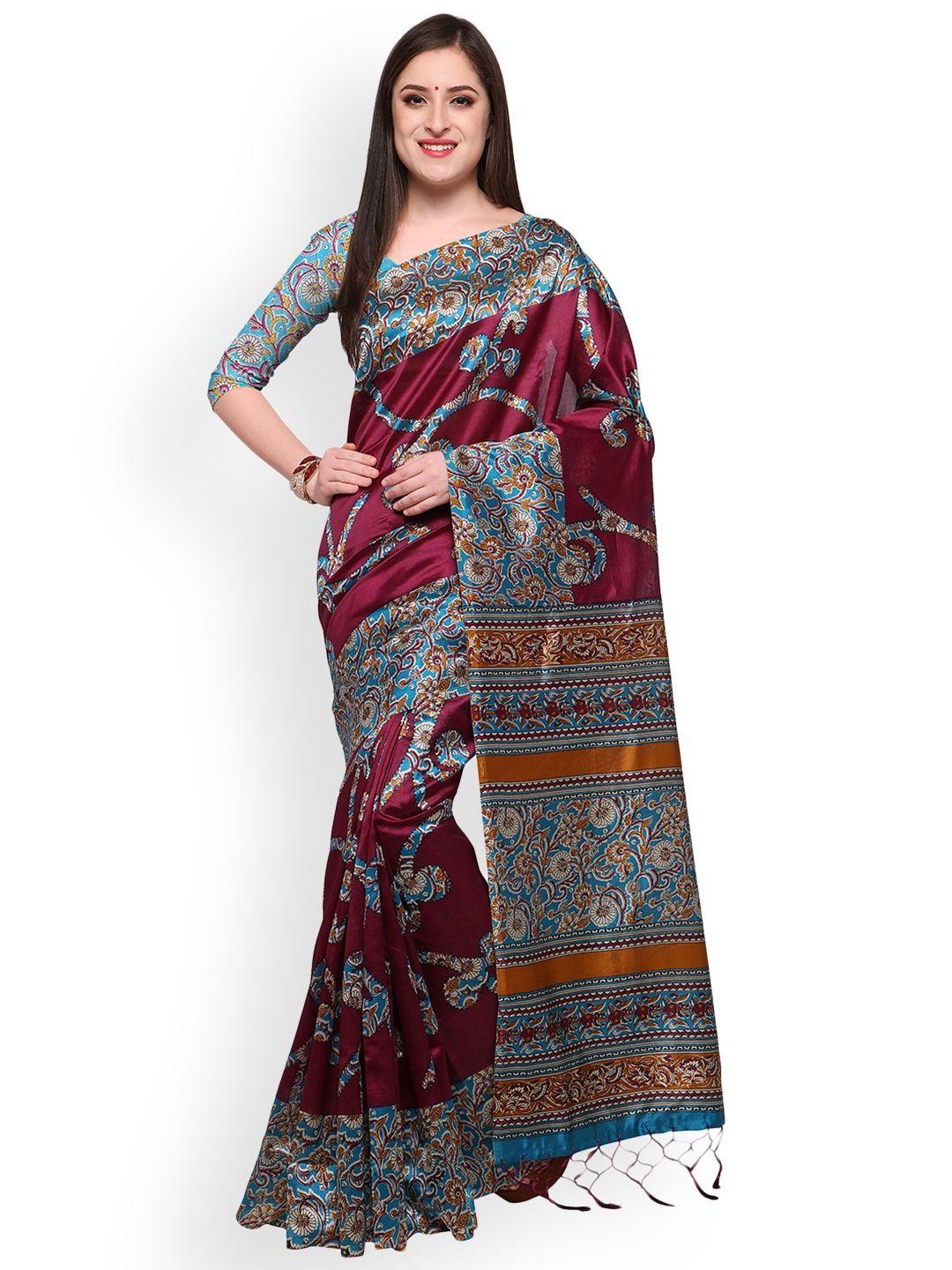 blissta magenta & blue art silk printed mysore silk saree