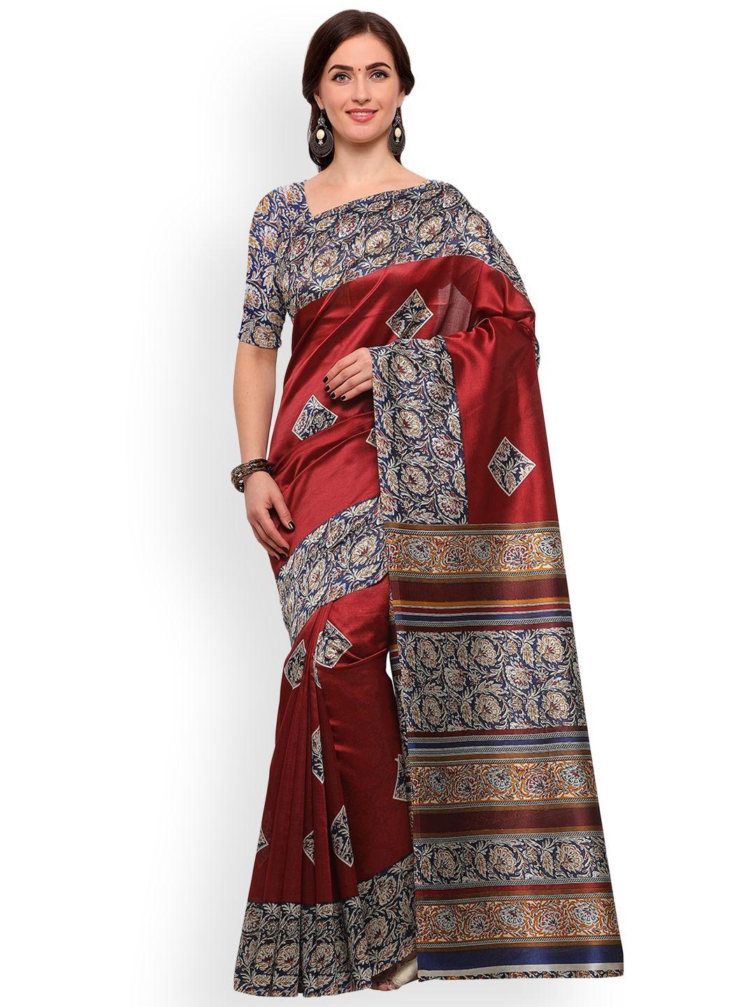 blissta maroon & blue art silk printed mysore silk saree