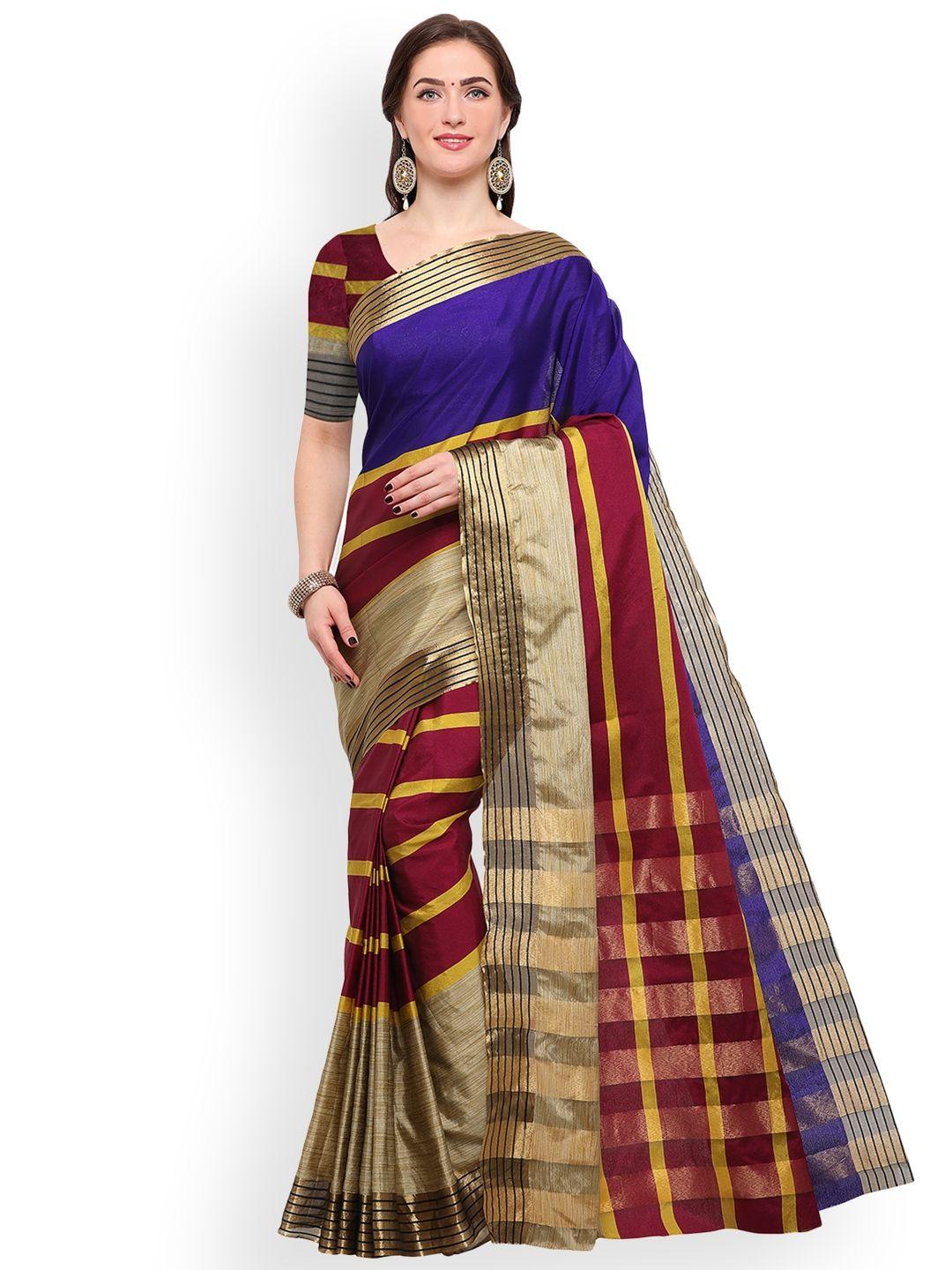 blissta maroon & purple silk cotton striped saree