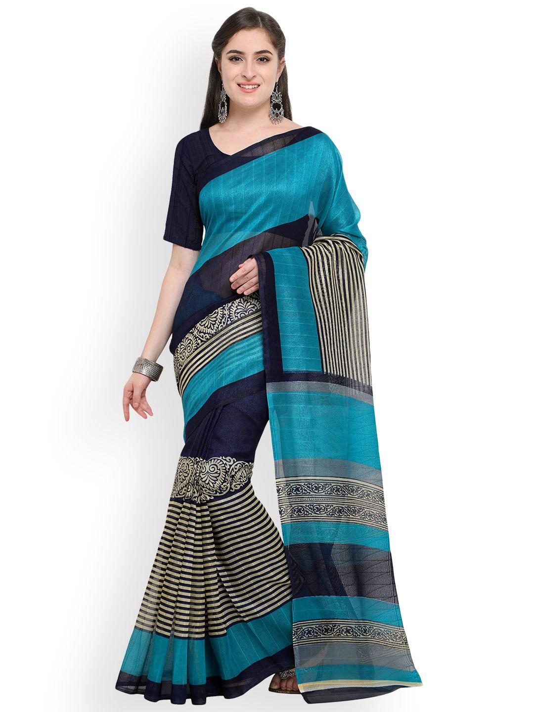 blissta navy blue & blue art silk printed bhagalpuri saree