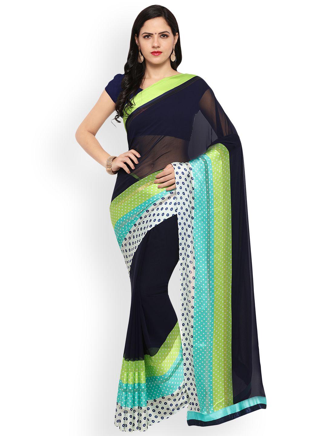 blissta navy blue & multicoloured poly georgette printed saree
