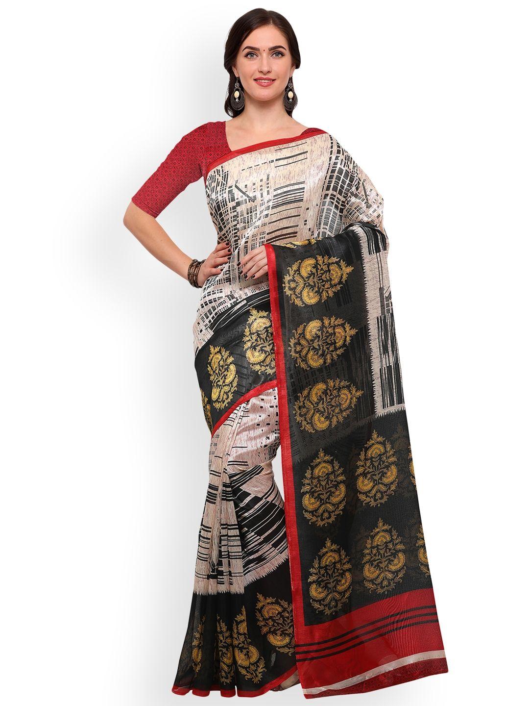 blissta off-white & black art silk printed bhagalpuri saree