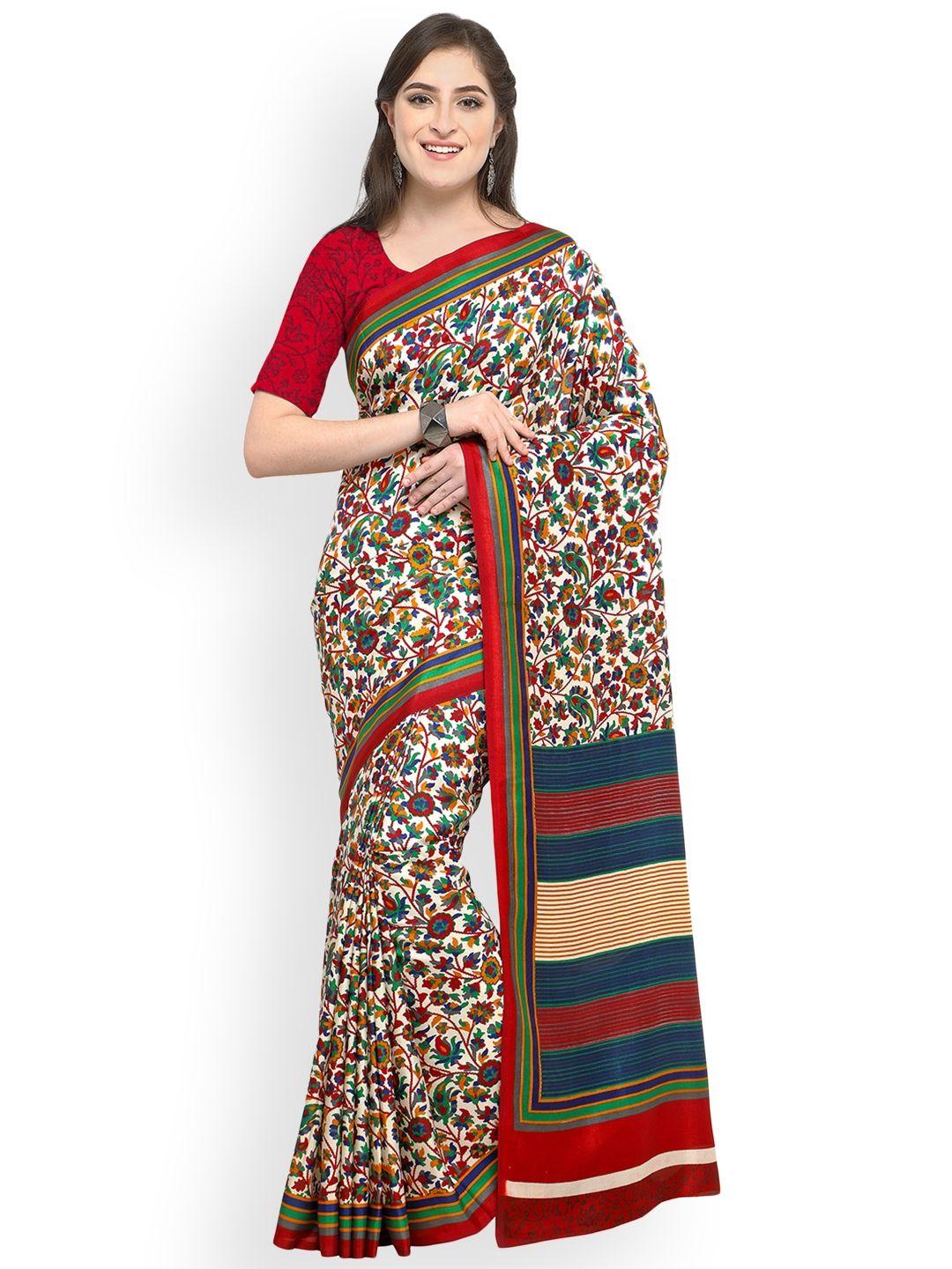 blissta off-white & maroon poly crepe printed saree
