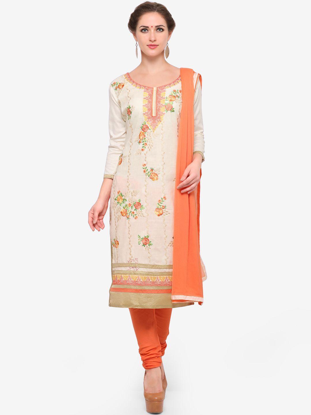 blissta off-white & orange cotton blend unstitched dress material