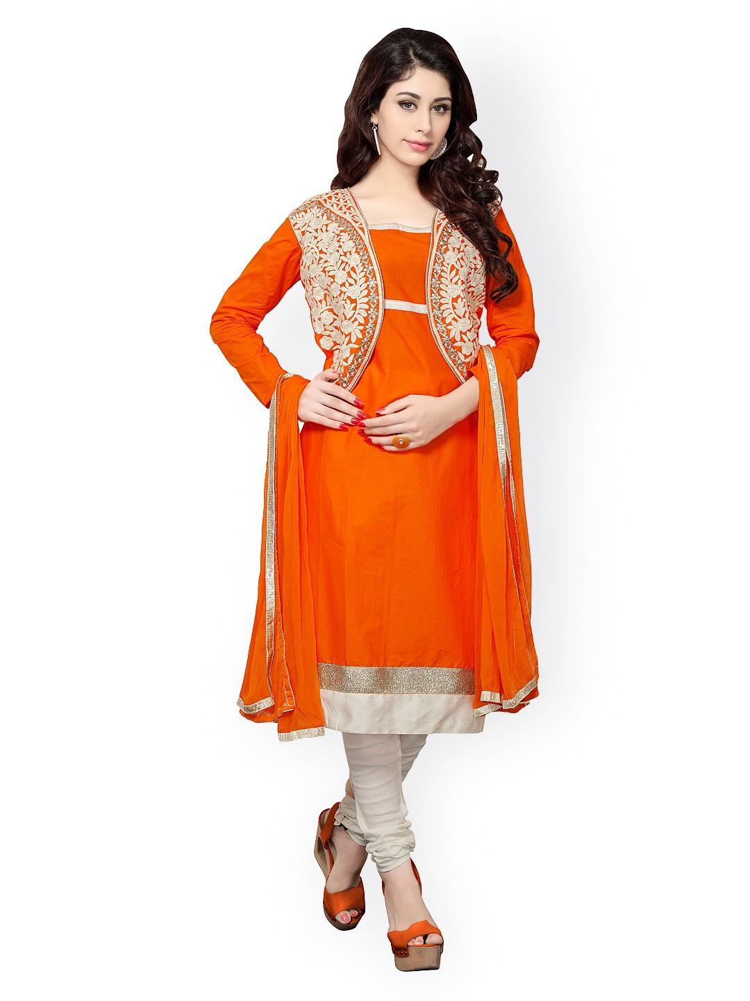 blissta orange & white cotton embroidered unstitched dress material