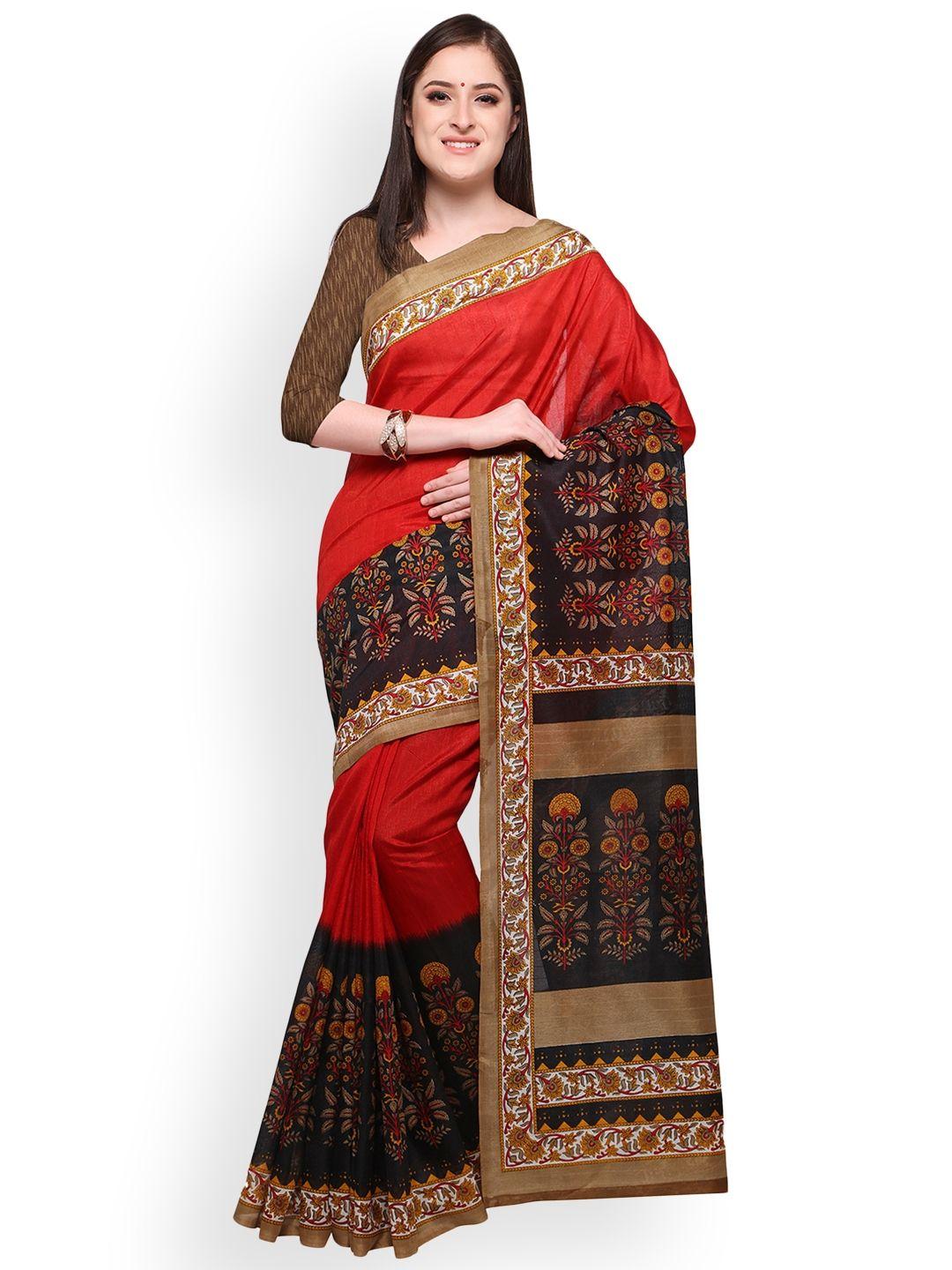 blissta red & black art silk solid bhagalpuri saree