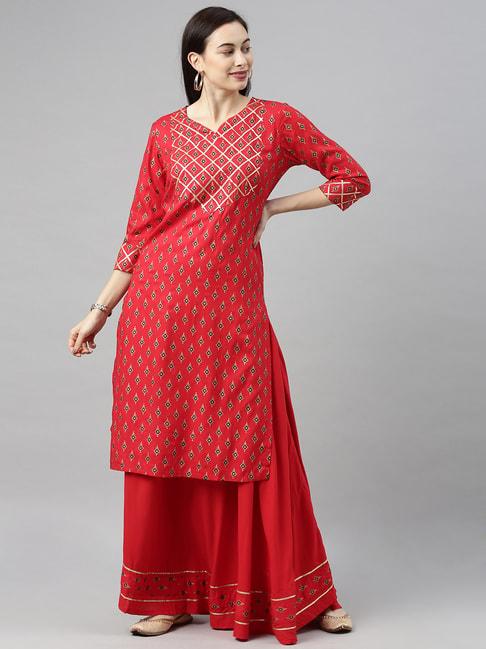 blissta red printed kurta skirt set