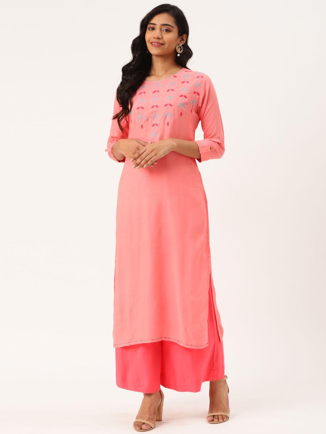 blissta women pink & grey embroidered yoke design straight kurta
