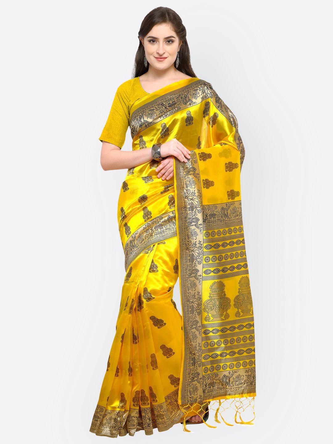 blissta yellow & gold-toned art silk printed mysore silk saree