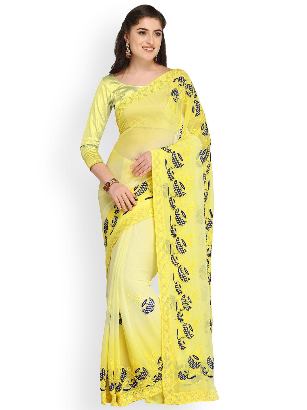 blissta yellow embroidered poly chiffon saree