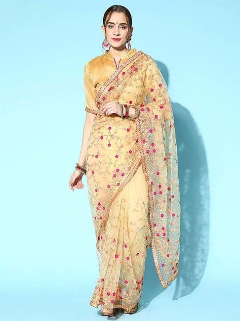 blissta beige embroidered saree with unstitched blouse