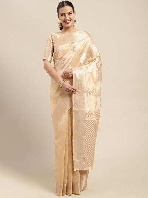 blissta beige floral print kanjeevaram saree with unstitched blouse