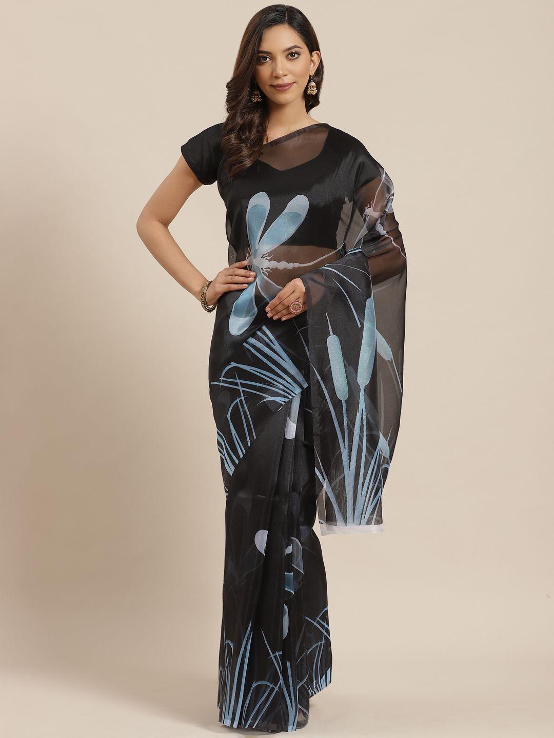 blissta black & blue floral print saree