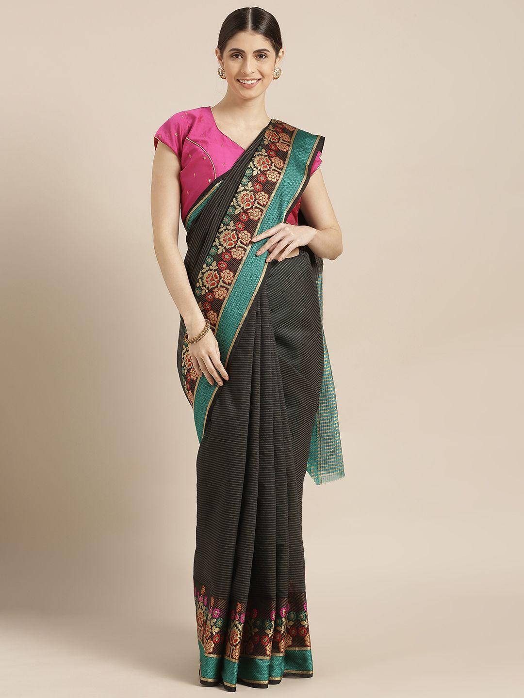 blissta black & golden silk cotton striped kanjeevaram saree