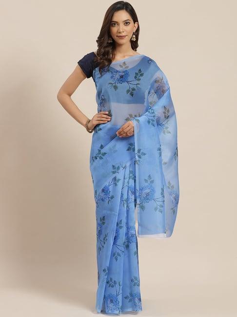 blissta blue floral print saree with unstitched blouse