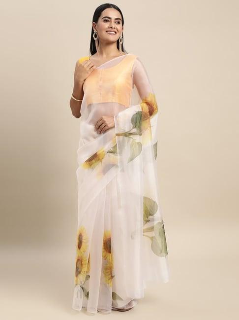 blissta cream floral print saree with unstitched blouse