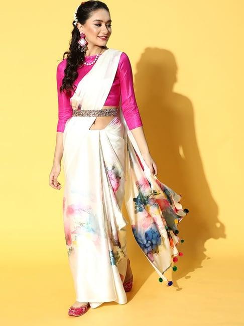 blissta cream printed saree with unstitched blouse