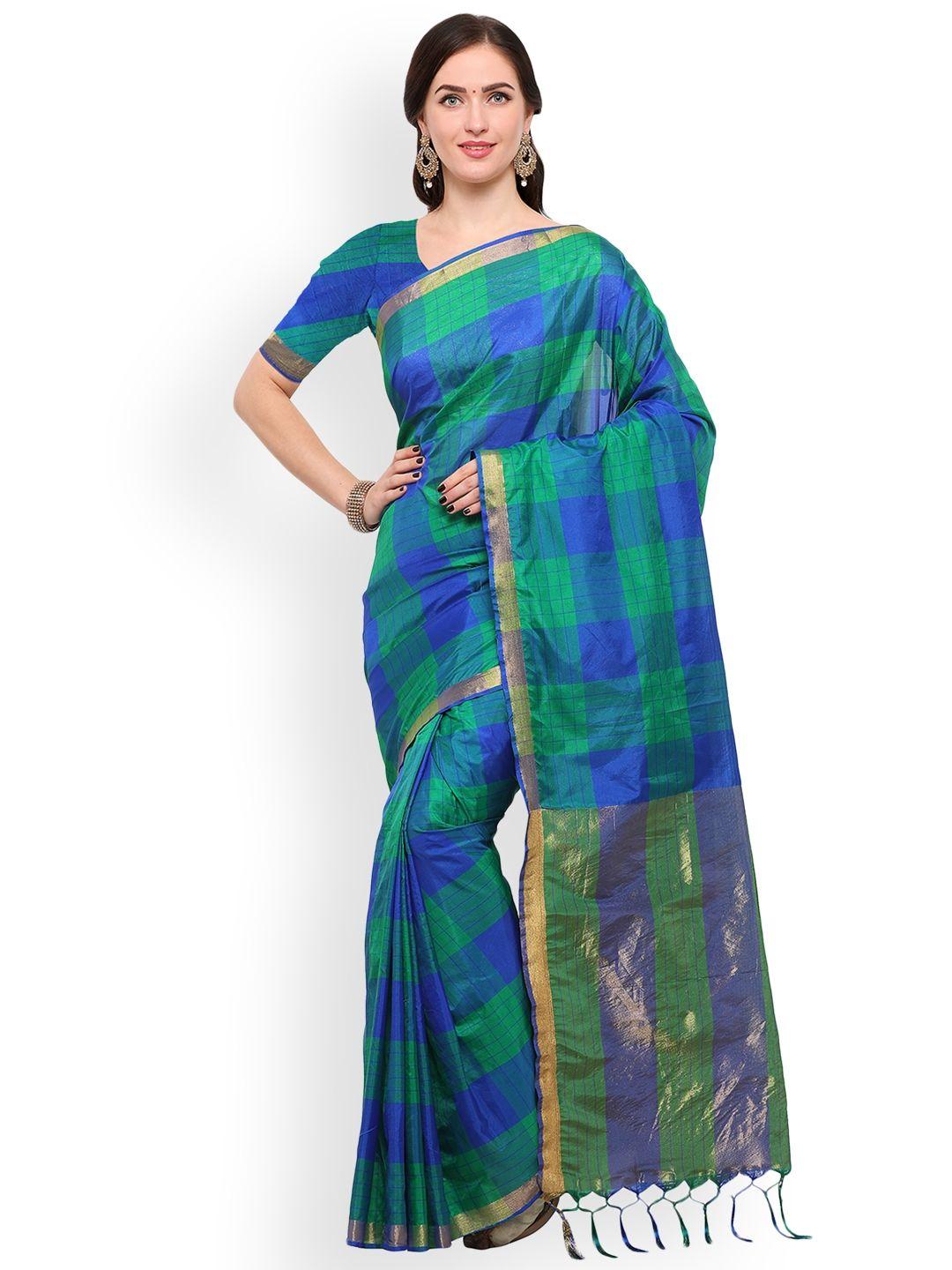 blissta green & blue silk blend checked saree